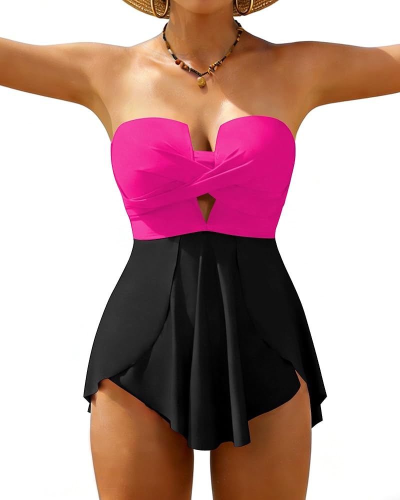 XUNYU One Piece Swimsuits for Women Bandeau Strapless Bathing Suits Tummy Control Modest Swim Dre... | Amazon (US)