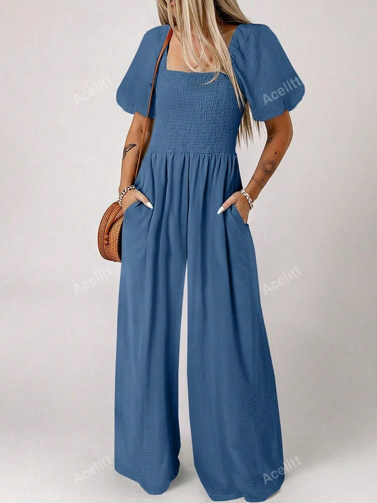Acelitt Women Plain Simple Loose V-Neck Short Sleeve Jumpsuit | SHEIN