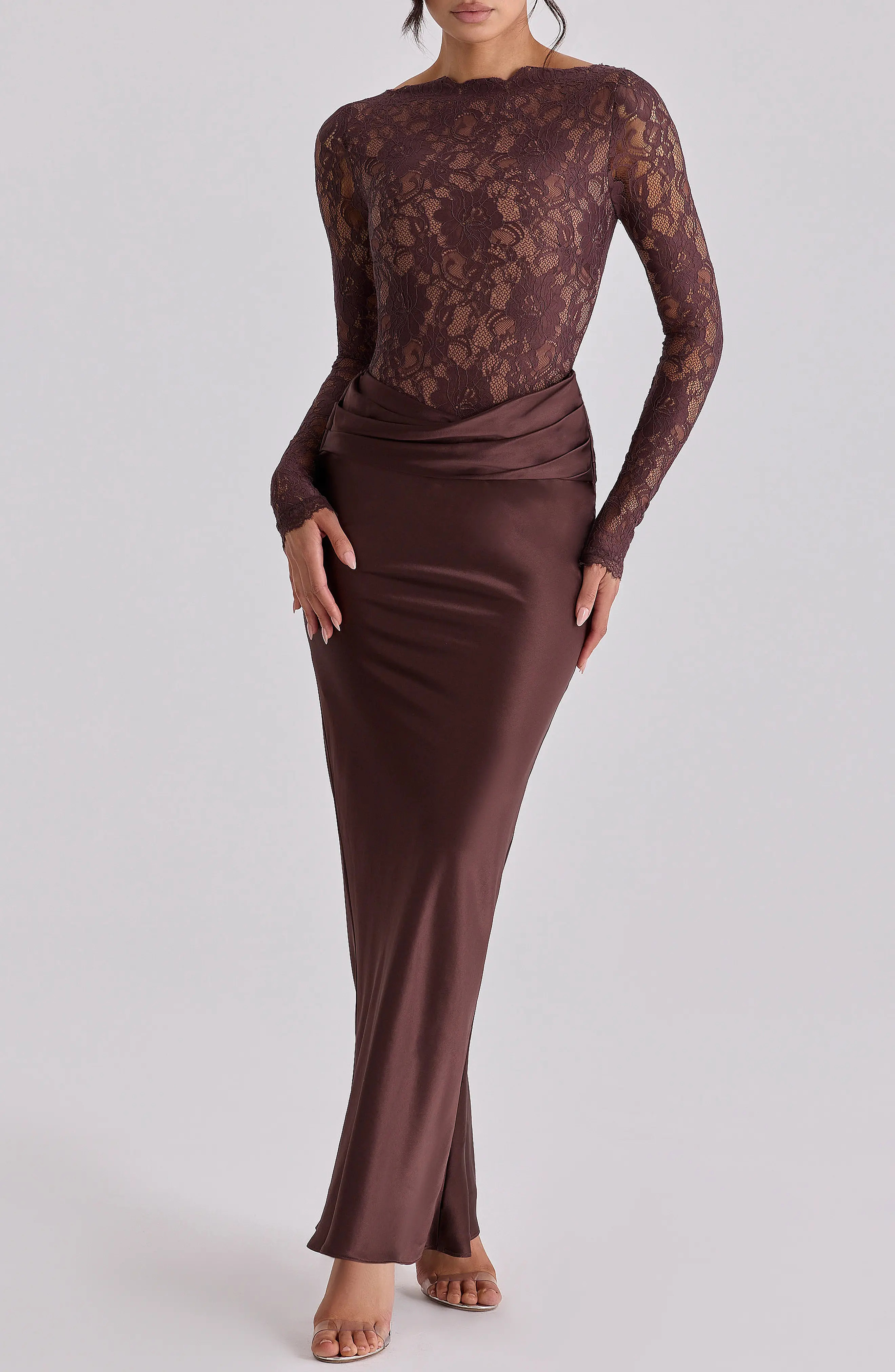 HOUSE OF CB Yasmeen Long Sleeve Lace & Satin Two-Piece Gown (Women) | Nordstrom | Nordstrom
