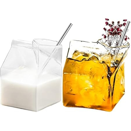 WUWEOT 4 Pack Glass Milk Carton, Clear Square Cocktail Glasses, Mini Cup Creamer Pitcher Coffee Box  | Amazon (US)