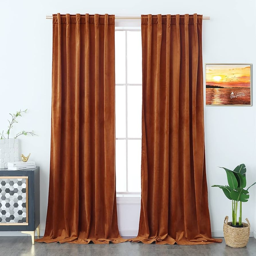 Timeper Burnt Orange Velvet Curtains - Holiday Home Decor Luxury 84 inches Curtain Panels for Liv... | Amazon (US)