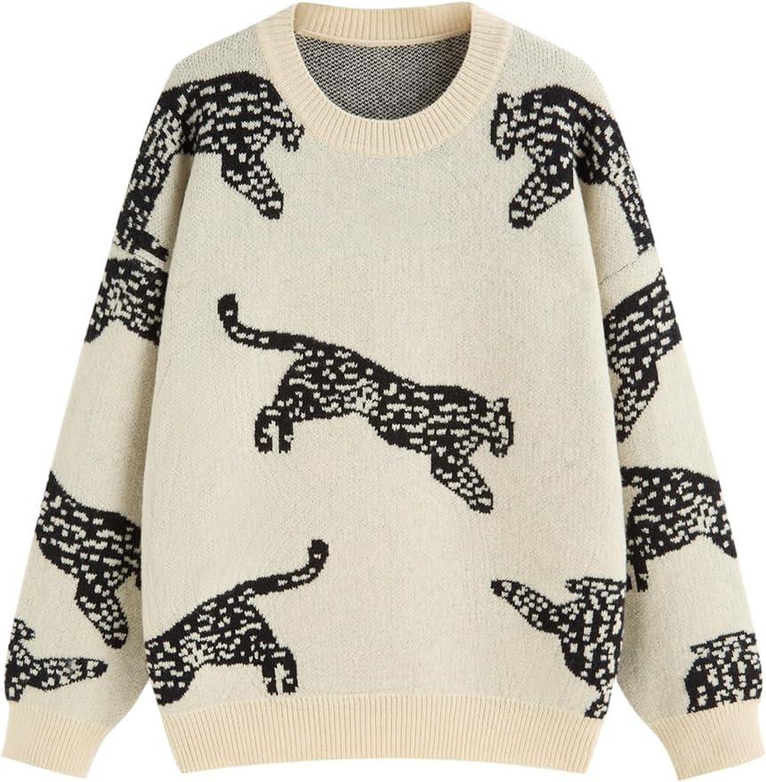 CIDER Womens Leopard Crew Neck Long Sleeve Boho Knit Sweater Casual Pullover Fall Sweater | Amazon (US)