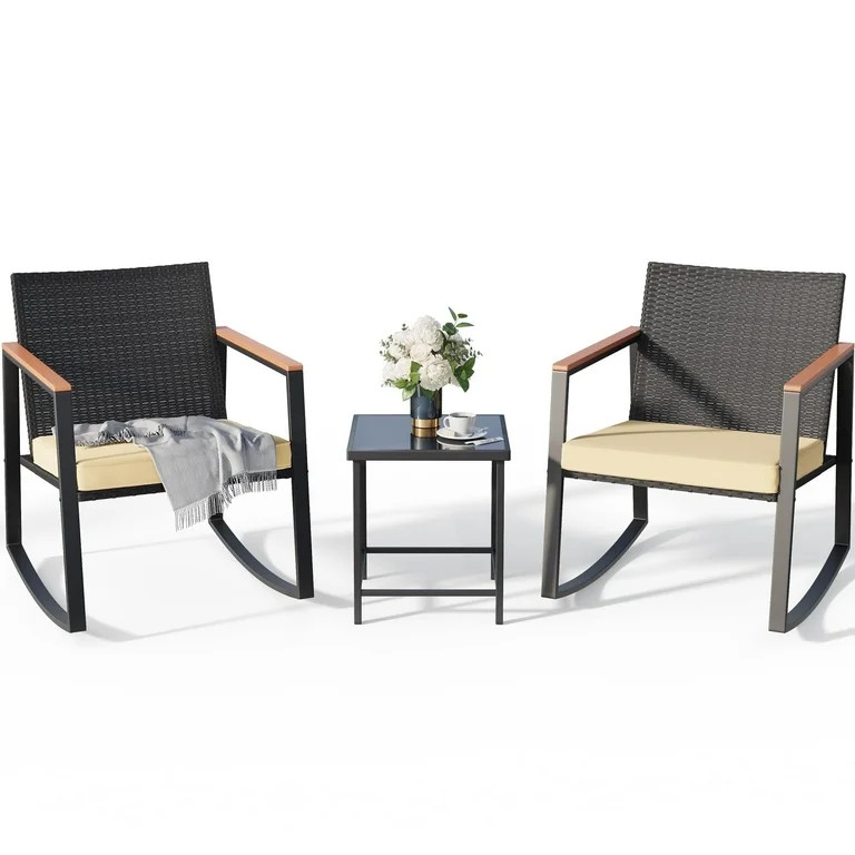 Lofka Patio Furniture Set with Tea Table, 3 Pieces Outdoor Wicker Rocking Chairs Set with Wooden ... | Walmart (US)