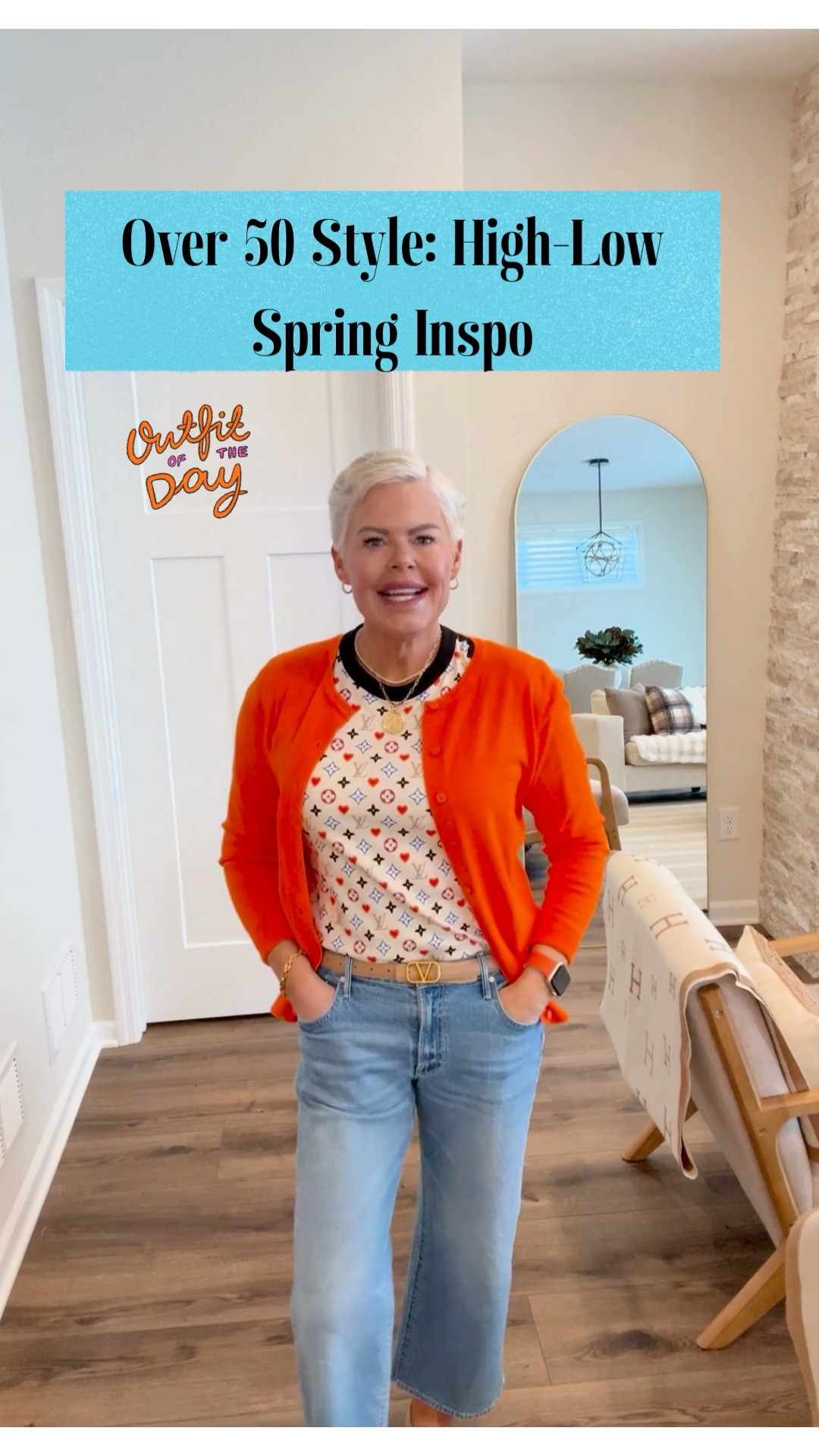 Spring Outfit Inspo. I love a good "elevated casual" spring outfit that's chic and comfortable!  I'm wearing a LV t-shirt with a lightweight cotton cardigan from Amazon, A Valentino look for less belt, Mother jeans in a size 28 and some chic look for less sandals. 

 #LTKootd #LTKmomlife #LTKOver40