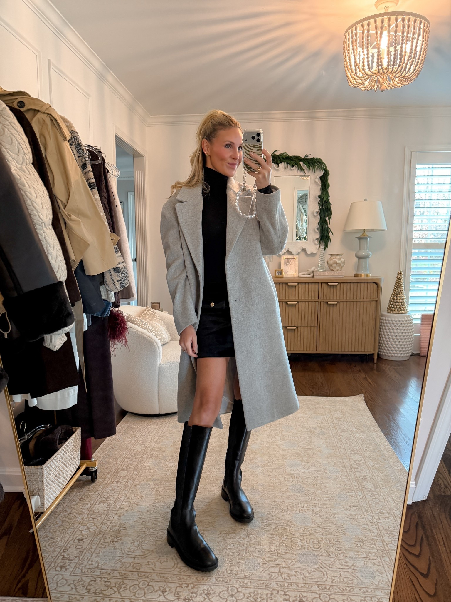 Holiday lunch outfit, winter outfit, velvet skirt, black boots, long coat, winter outfit idea 

#LTKdayinmylife #LTKHoliday #LTKgrwm
