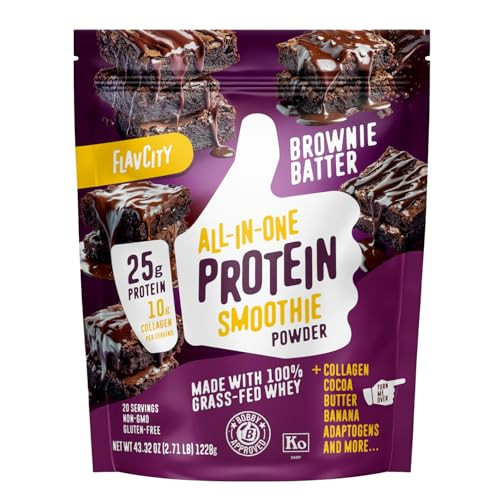 FlavCity Brownie Batter Chocolate Protein Powder, All in One Smoothie + Collagen Peptides, Reishi & Cordyceps - Focus, Skin, Hair & Joint Support - 100% Grass Fed Whey, Organic Cocoa, 20 Servings | Amazon (US)