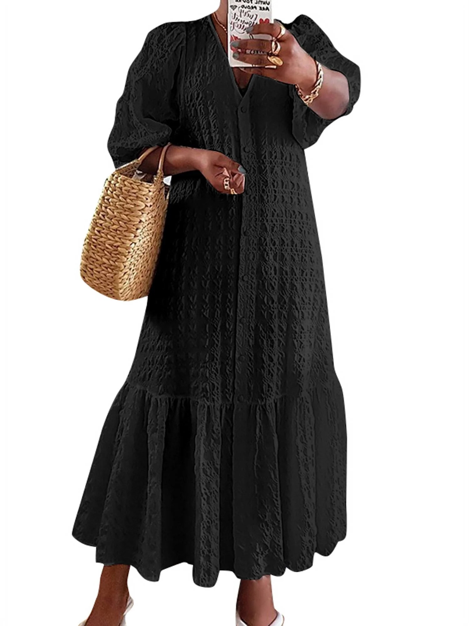 VONDA Women's Half Sleeve Holiday Party Loose Ruffle Hem Dress Buttons V Neck Shirt Dresses | Walmart (US)