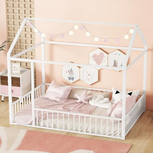 Bellemave Full Size Montessori Floor Bed, Metal House Bed Frame, House Floor Bed for Kids, Montessori Floor Bed with Fence, Playhouse for Kids, White | Amazon (US)