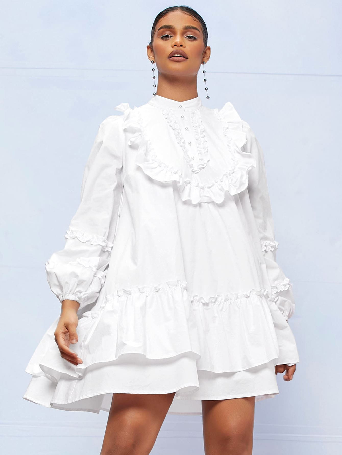 SHEIN Pearls Button Frill Trim Layered Hem Dress | SHEIN