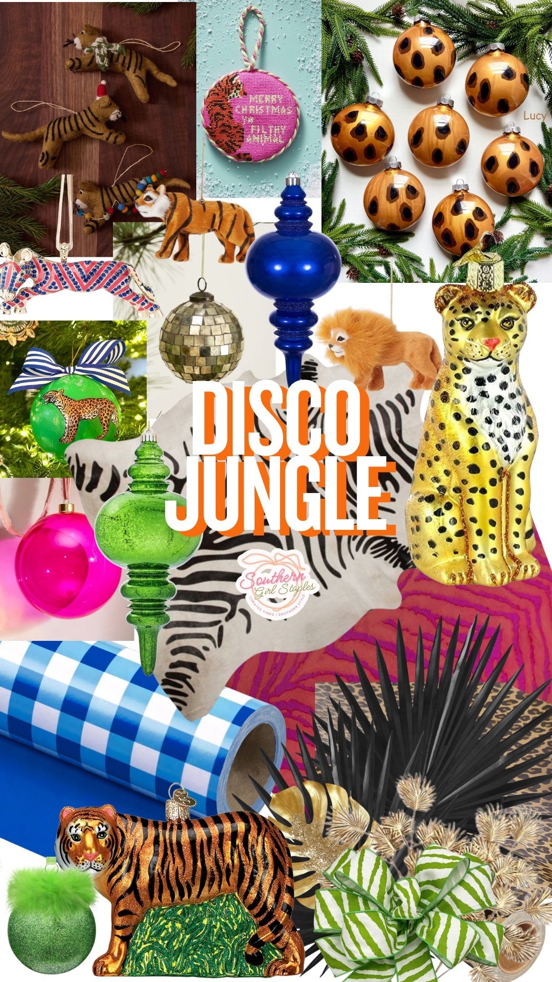 ✨DISCO JUNGLE✨
Bring the wild to your holiday decor this year with a mix of animal prints, metallics, and bold pops of color. Think tigers meet tinsel 🐅 + leopards under the disco ball 🪩.

💚 Bright greens + hot pinks
💙 Glossy cobalt + gingham accents
🧡 Glittering jungle cats + textured ornaments

This look is playful, glam, and just a little bit fierce — perfect for those who love statement trees and unexpected color palettes.

Shop the “Disco Jungle Christmas” collection on my LTK 🛍✨
#SouthernGirlStaples #ChristmasDecorInspo #HolidayHome #MaximalistChristmas #ColorfulChristmas #DiscoJungle 

#LTKHoliday #LTKHome #LTKSeasonal #LTKHome #LTKHoliday #LTKGiftGuide
