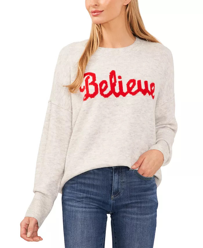 Women's Believe Script Long-Sleeve Cozy Sweater | Macy's