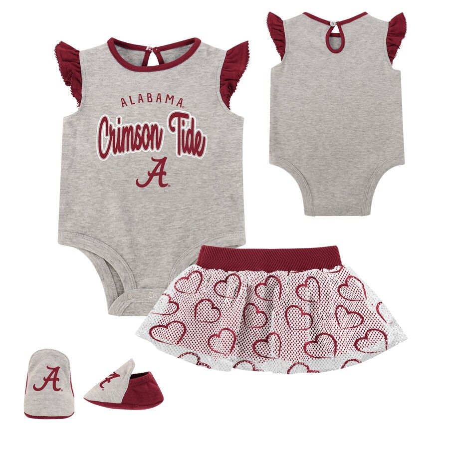 Alabama Crimson Tide Girls Newborn All Dolled Up Bodysuit, Skirt & Bootie Set - Heather Gray | Fanatics