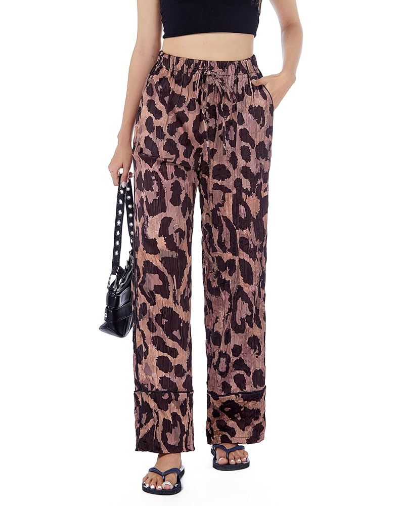Ladyful Women's Leopard Printed Satin Palazzo Pants Wide Leg Elastic Waisted Cheetah Palazzo Goin... | Amazon (US)