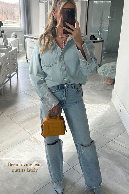 Having my denim moment recently 🤍 I linked this entire outfit. 

denim l jeans l jean top l jean shirt l jeans ripped l bag 