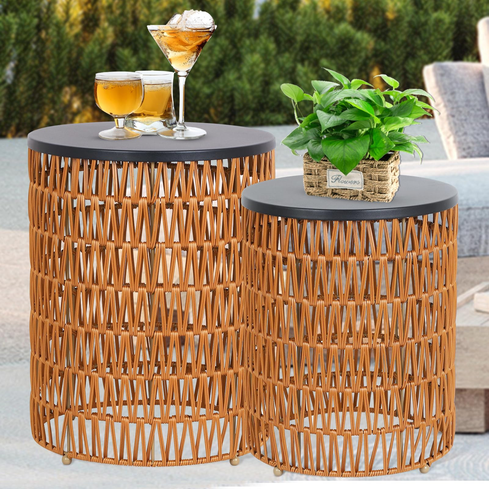 HMVPL Small Outdoor Side Table, Patio Round End Table Set of 2 for Outside, 2 Packs Mini Boho Acc... | Amazon (US)