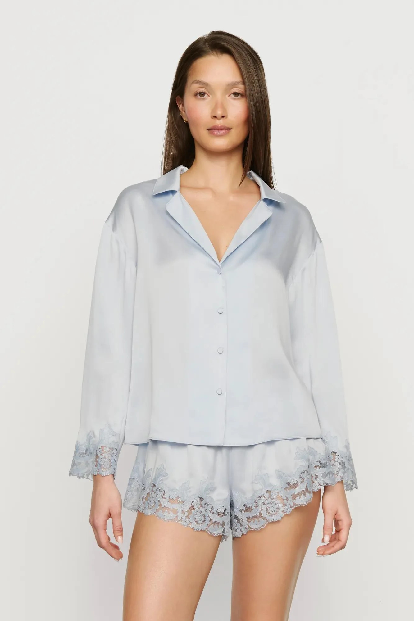 Washable Silk with Lace Embroidery Long Sleeve Top & Short PJ Set | Eberjey