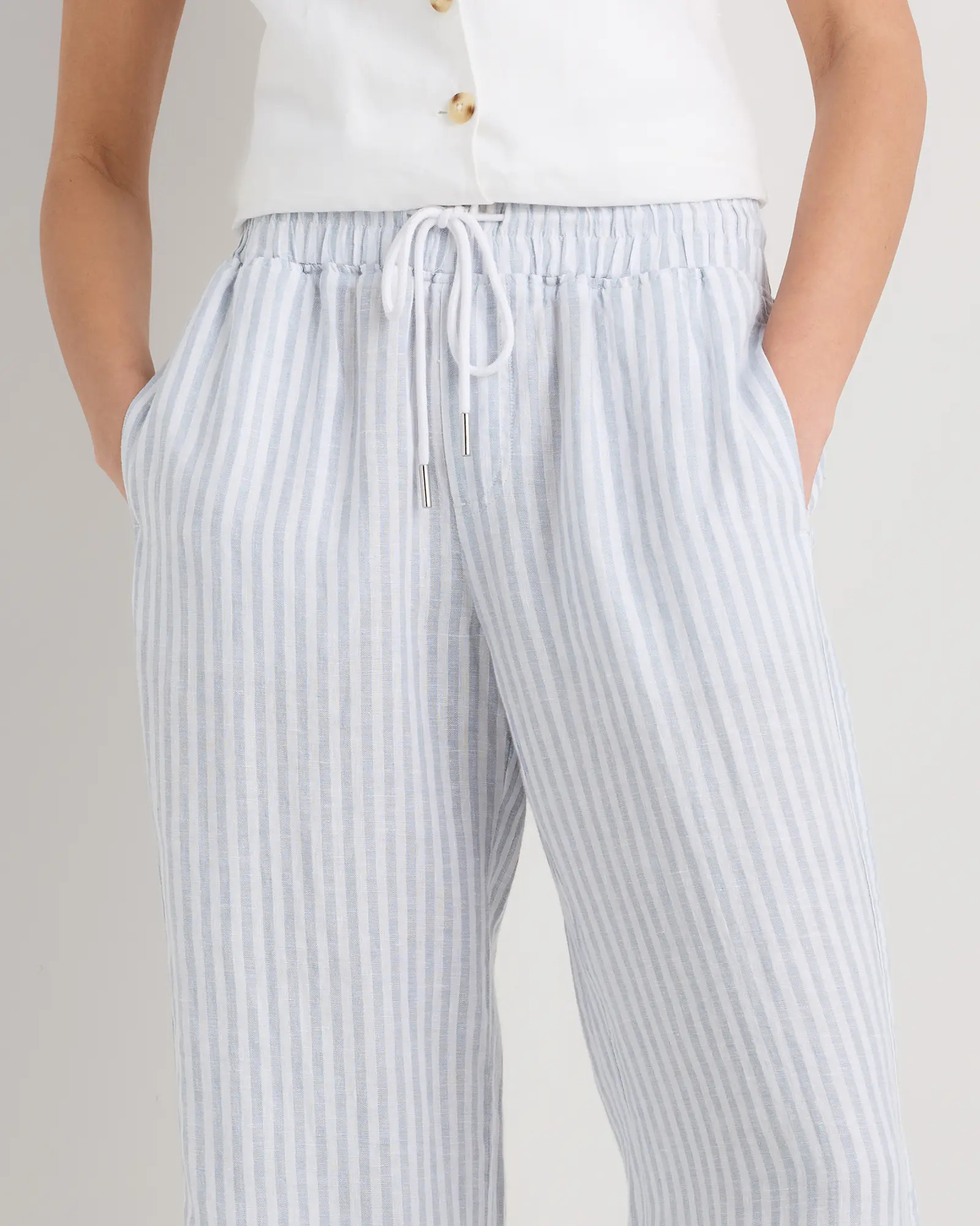 100% European Linen Wide Leg Pants in Sky Blue Mariner Stripe | Quince