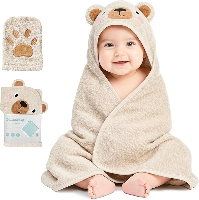 CuddleBug Premium Hooded Baby Bath Towel & Washcloth Set (Bear) - 100% Cotton Terrycloth Hooded B... | Amazon (US)