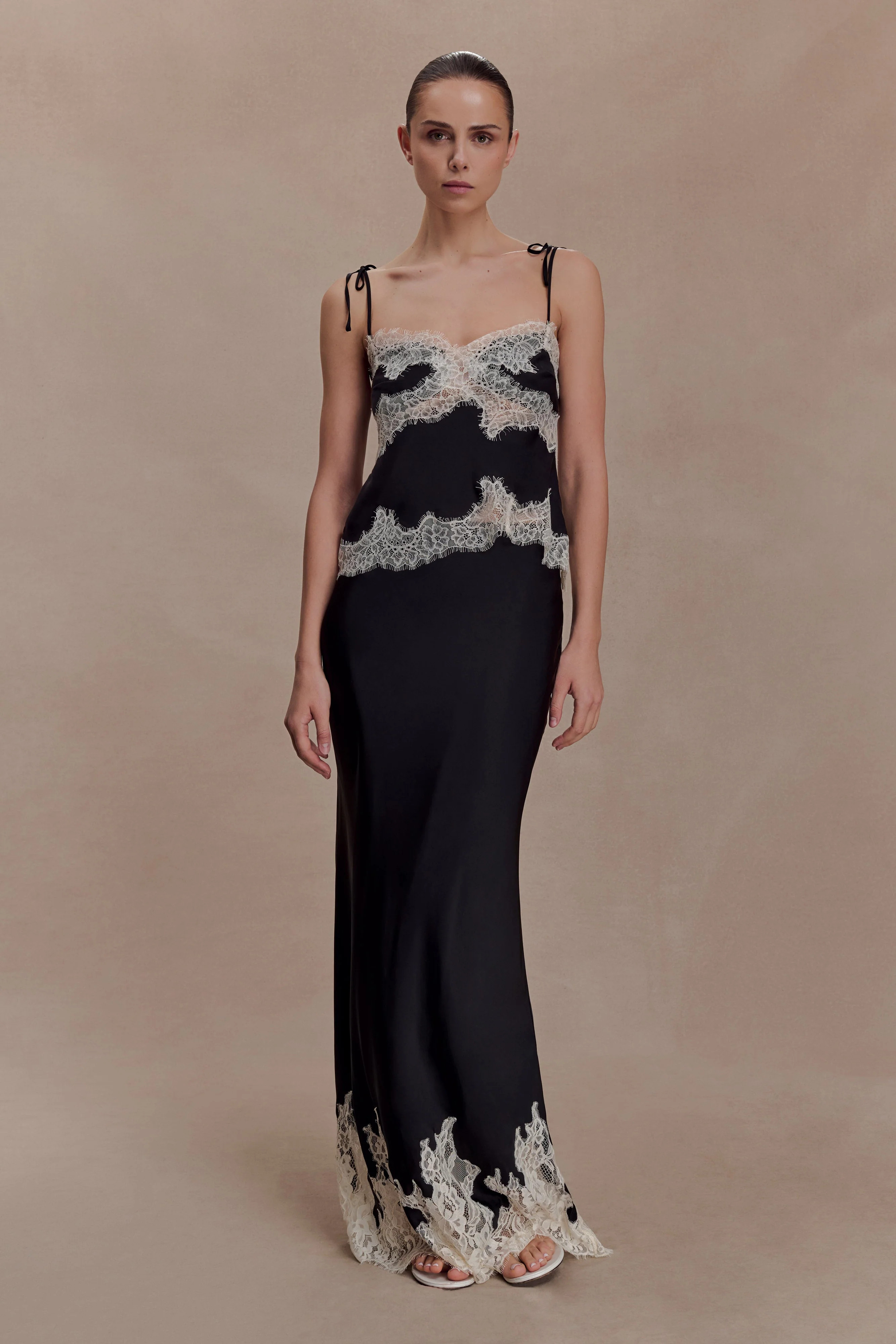Nina Satin And Lace Maxi Skirt - Black/Ivory | MESHKI US