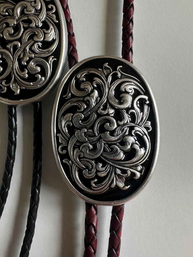 Antique Silver Oval Western Floral Engraved Black Style Bolo Tie - Real Leather Necklace Handmade... | Etsy (Global)