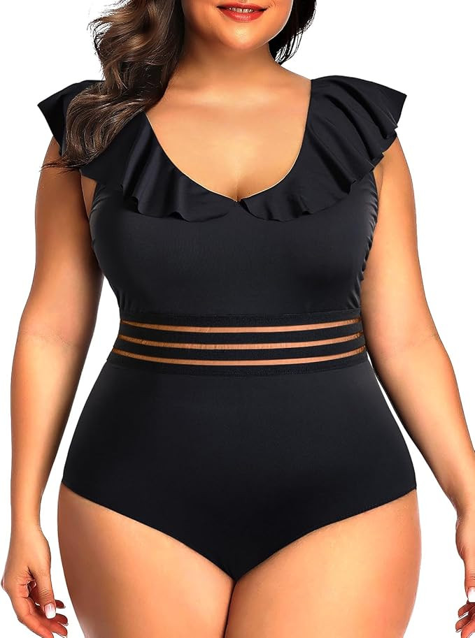Daci Plus Size one Piece Swimsuits for Women Tummy Control Bathing Suits Ruffle Vintage Swimwear | Amazon (US)