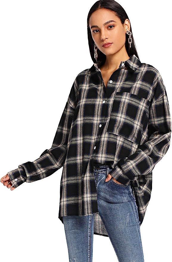 SweatyRocks Women's Long Sleeve Collar Long Button Down Plaid Shirt Blouse Tops | Amazon (US)