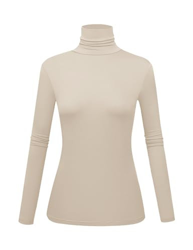 Women's Long Sleeve Turtleneck Shirts Slim Fitted Lightweight Base Layer Casual Tops (Beige Medium) | Amazon (US)