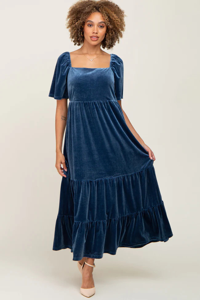 Dark Teal Velvet Tiered Maxi Dress | PinkBlush Maternity