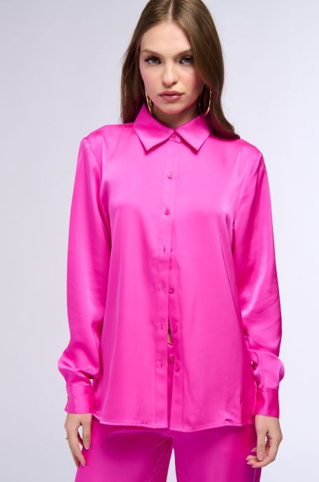 OPEN TO WHATEVER LONG SLEEVE SATIN BUTTON DOWN IN PINK | AKIRA