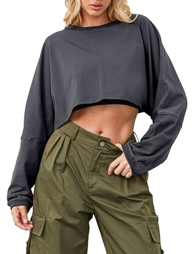 Ziesexy Cropped Sweatshirt Long Sleeve Crop Top Workout Oversized Sweatshirt Loose Crop Tops For Women Crewneck Sweatshirt Gray | Amazon (US)