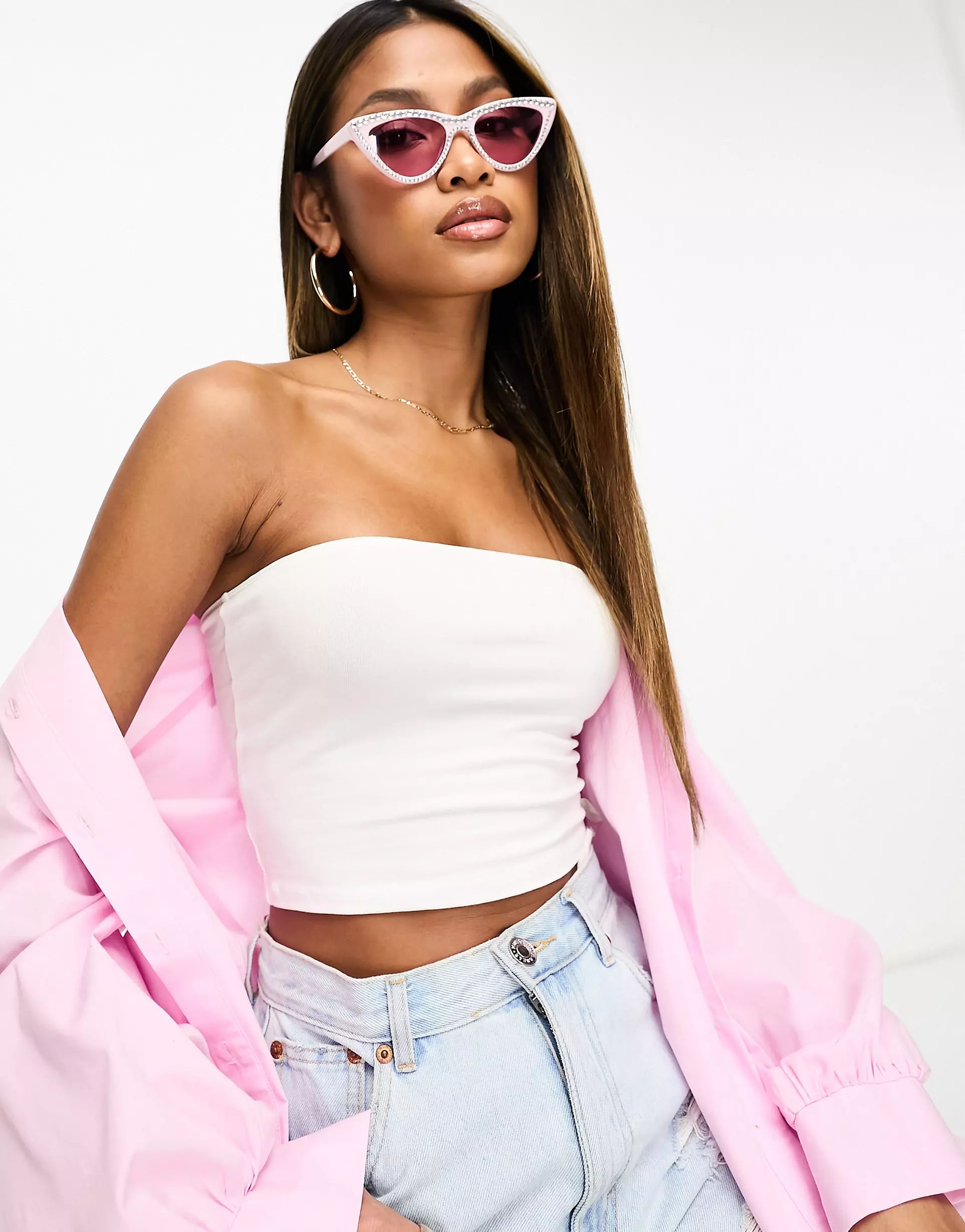 Public Desire cat eye sunglasses with pearl embellishment in pale pink | ASOS (Global)
