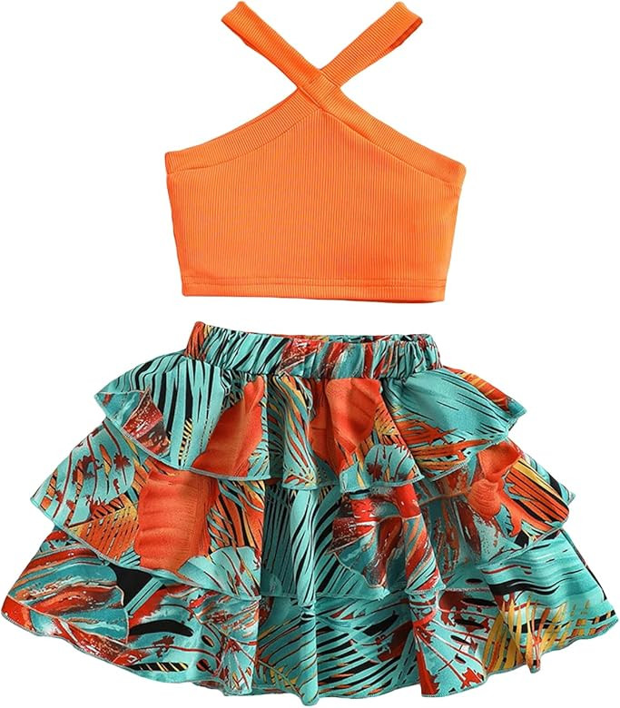 MakeMeChic Girl's Summer 2 Piece Outfit Criss Cross Halter Top Tropical Print Layered Skirt Set | Amazon (US)