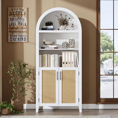 63.2" Arched Bookcase with Doors - 5 Tier Open Display Shelf with Rattan Decor, Modern Bookshelf Storage Cabinet for Home Office Living Room Library | Target