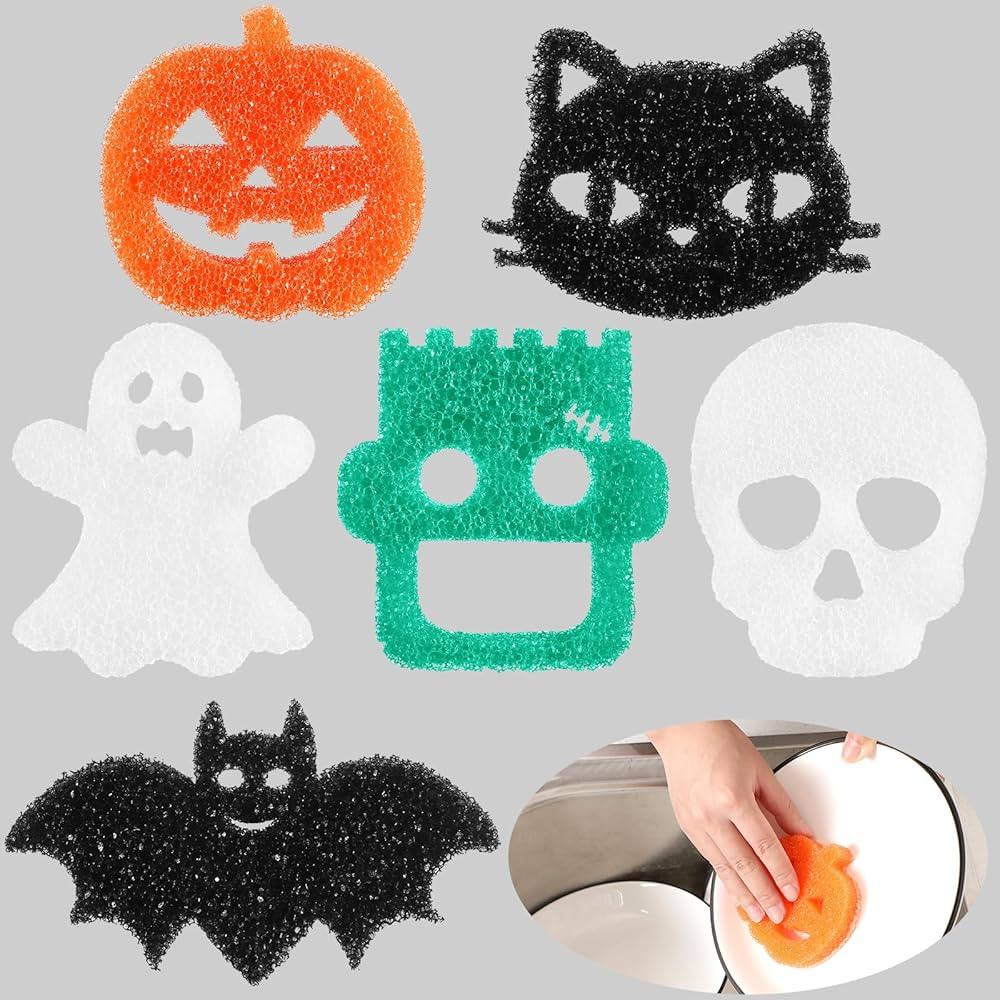 Umigy 6 Pcs Halloween Cleaning Sponges Cute Kitchen Scrub Sponges Ghost Bat Pumpkin Cat Sponge Te... | Amazon (US)