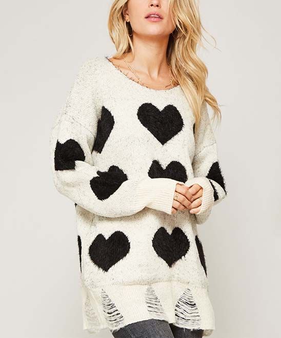 Avenue Hill Women's Pullover Sweaters BLACK/IVORY - Ivory & Black Heart Distressed Sweater - Women | Zulily