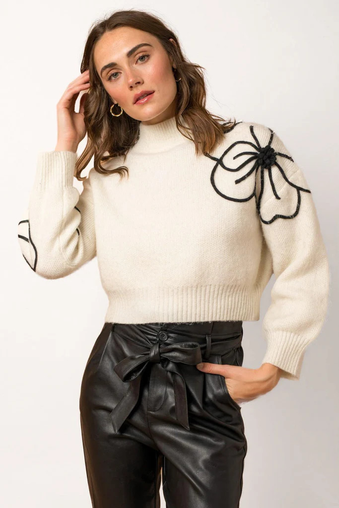 Rebecca Flower Embroidery Mockneck Knit Sweater - White | Petal & Pup (US)