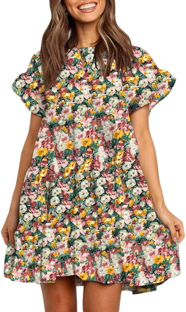 Chuanqi Womens Ruffles Boho Floral Printed Babydoll Loose Swing Casual Short Mini T-Shirt Dress | Amazon (US)