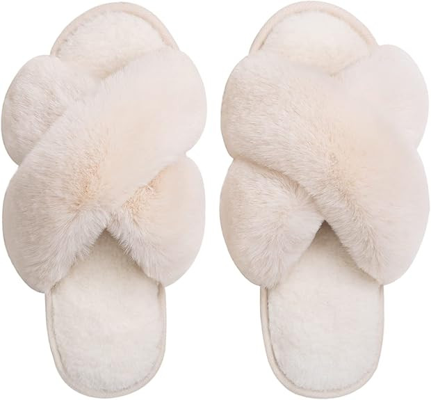 Amazon.com | Zizor Women's Open Toe Fluffy Slippers with Memory Foam, Ladies' Cross Band House Sh... | Amazon (US)