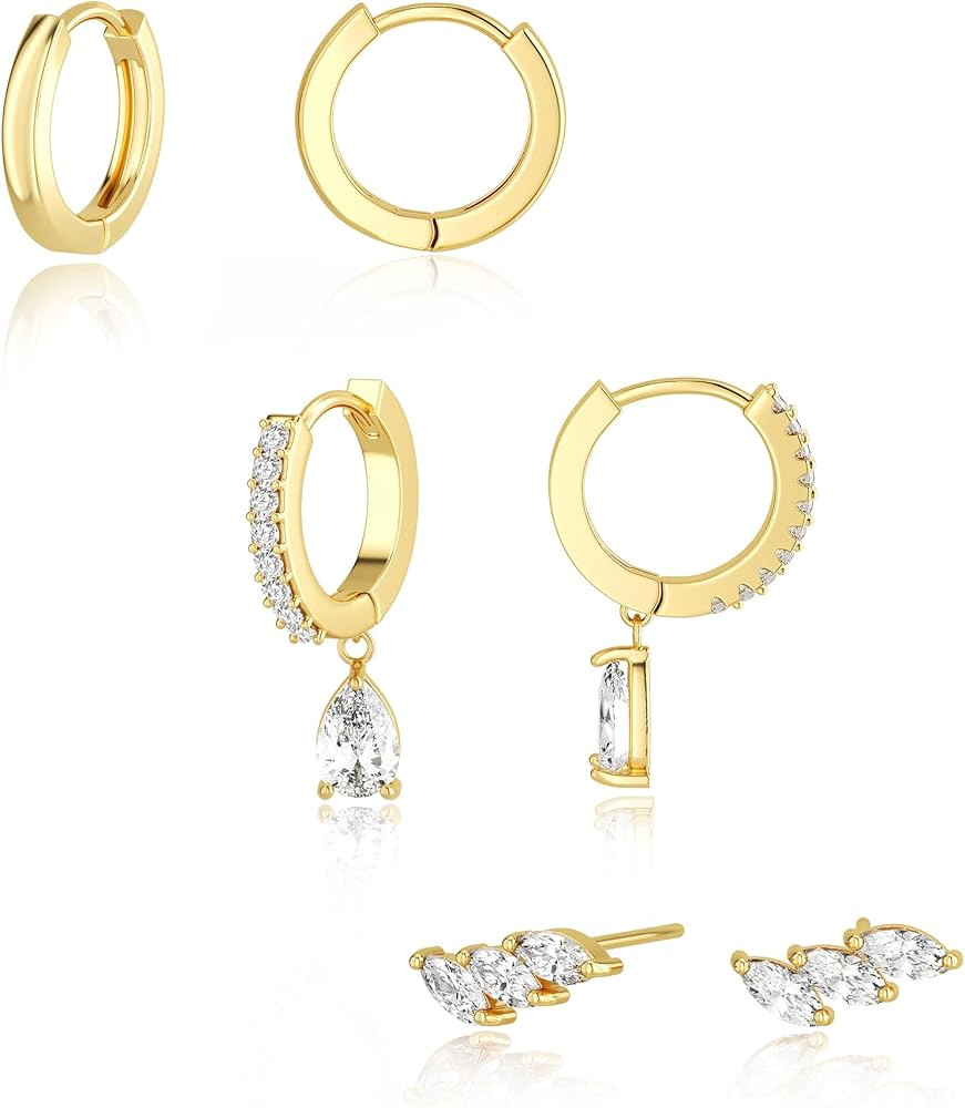 Freekiss 3 Pairs Gold Hoop Earrings Set: Dainty Stud Earrings Trendy Small 14K Gold Plated Hypoal... | Amazon (US)