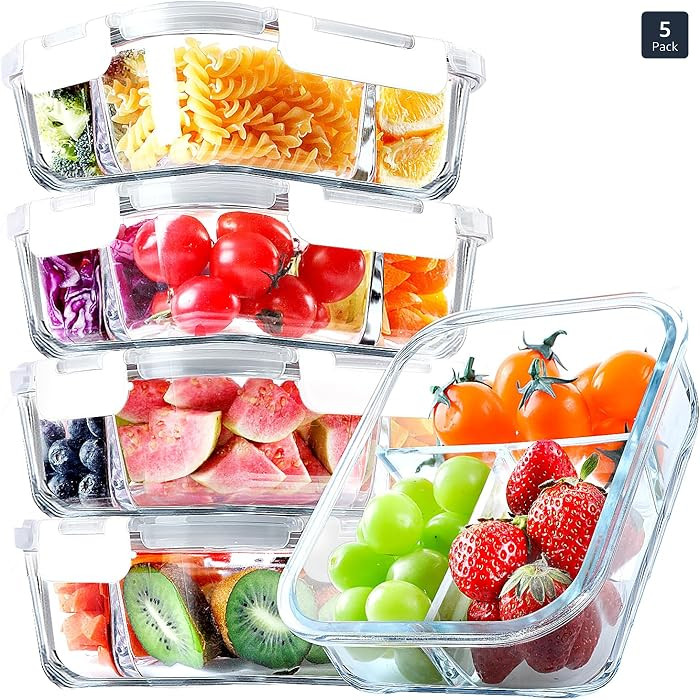 VERONES 5 Pack Glass Meal Prep Containers 3 Compartment Set, 36OZ Airtight Glass Lunch Containers... | Amazon (US)