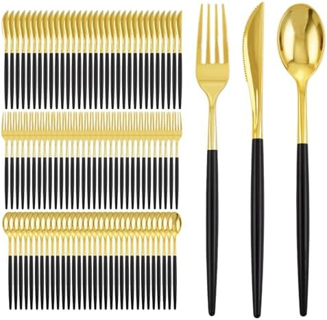 I00000 300Pcs Black Plastic Silverware, Happy New Year Gold Disposable Silverware, Black and Gold... | Amazon (US)