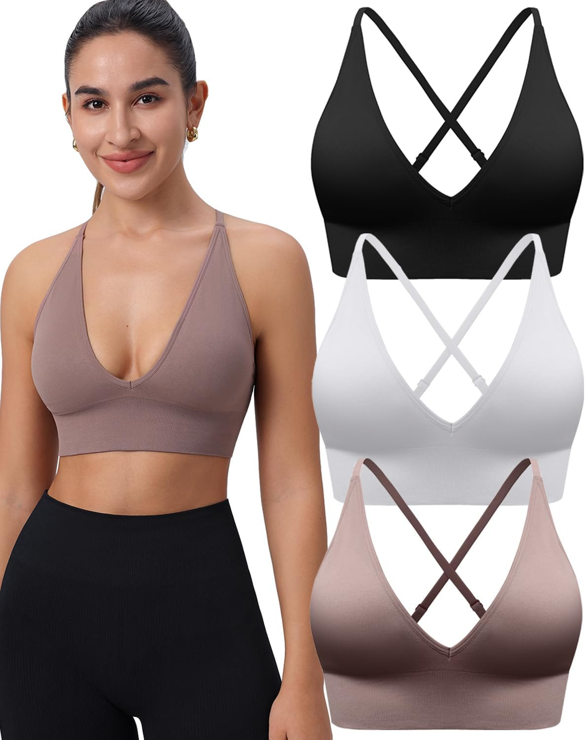 Women's V Neck Sports Bras, Adjustable Seamless Wireless Padded Bralettes | Amazon (US)