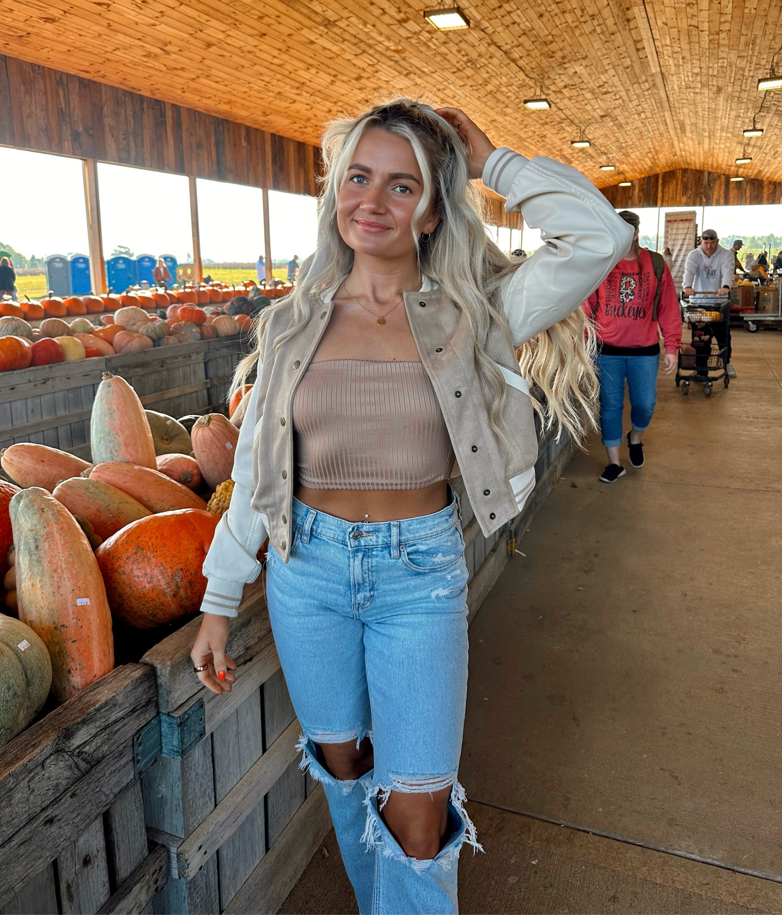 I am 5’4 / 135 lbs and wear a small in the jacket, a 2 in the jeans, and a small in the Fashion Nova tube top (: 