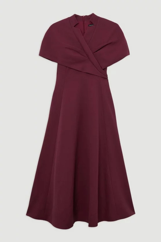 Structured Crepe Cape Detail Full Skirted Tailored Midi Dress | Karen Millen | Karen Millen UK + IE + DE + NL