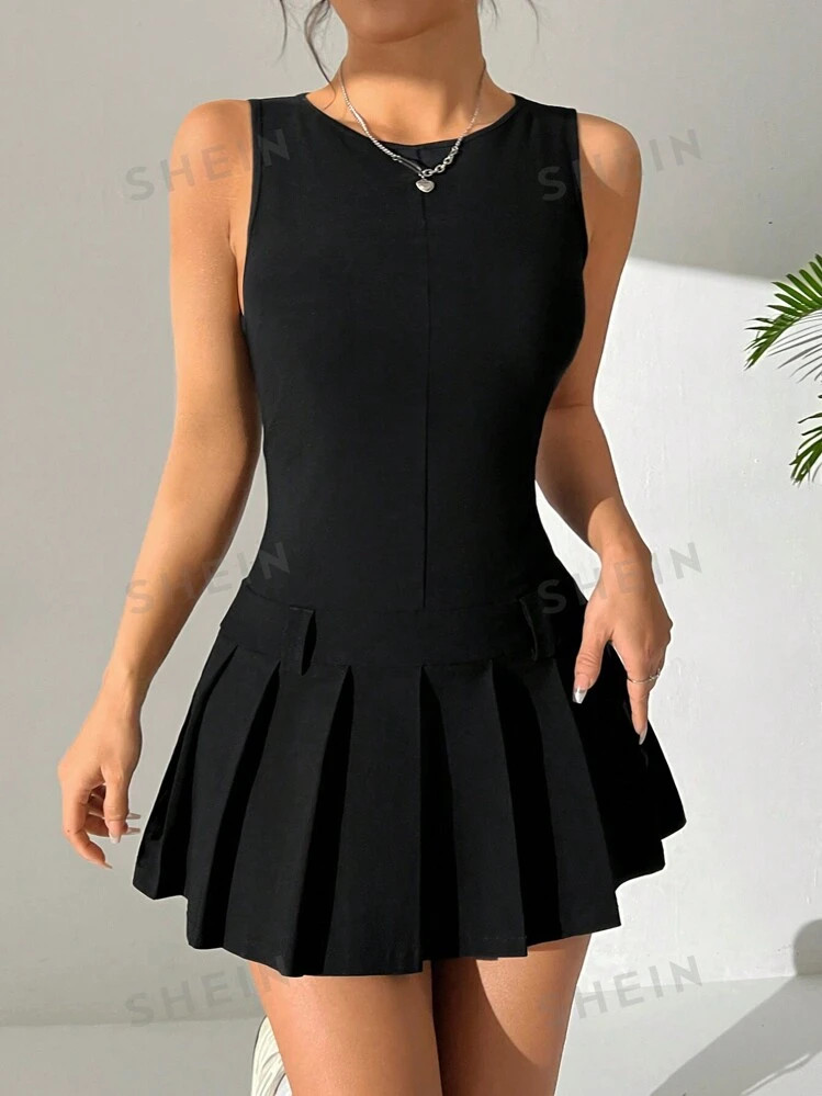 SHEIN EZwear Women'S Backless & Lace-Up Design Pleated Hem Sleeveless Dress | SHEIN