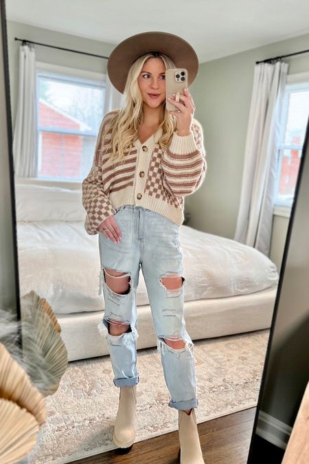 Vici neutral cardigan + distressed jeans, lack of color hat, dolce vita booties 