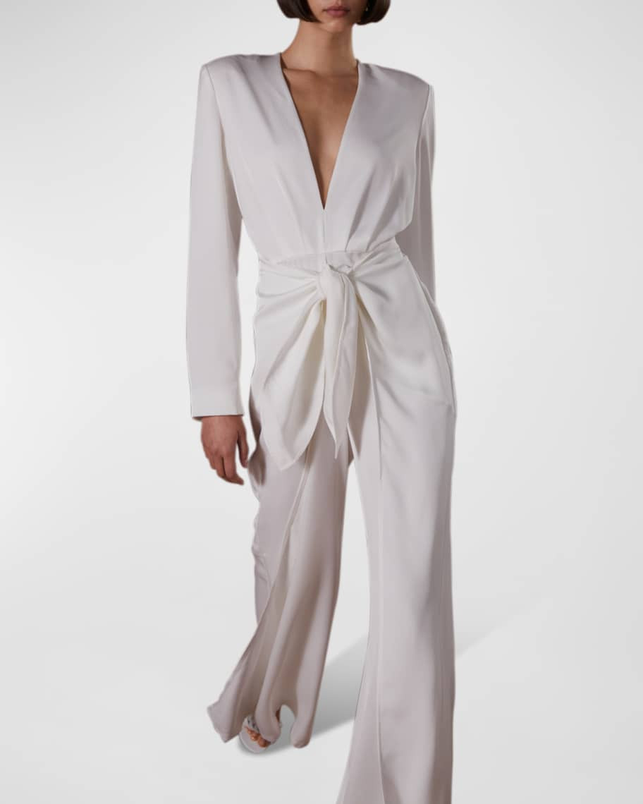 Lotti Deep V-Neck Wide-Leg Satin Jumpsuit | Neiman Marcus