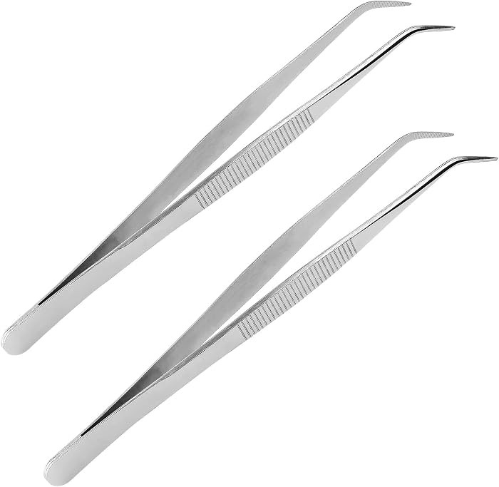2PCS 8 Inch Stainless Steel Tweezers with Curved Serrated Tip Heavy Duty Tweezer Tongs for Cookin... | Amazon (US)