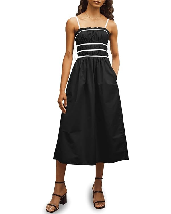Wenrine Women's Summer Casual Spaghetti Straps Side Tie Contrasting Straps Ruffle Midi Dress with... | Amazon (US)