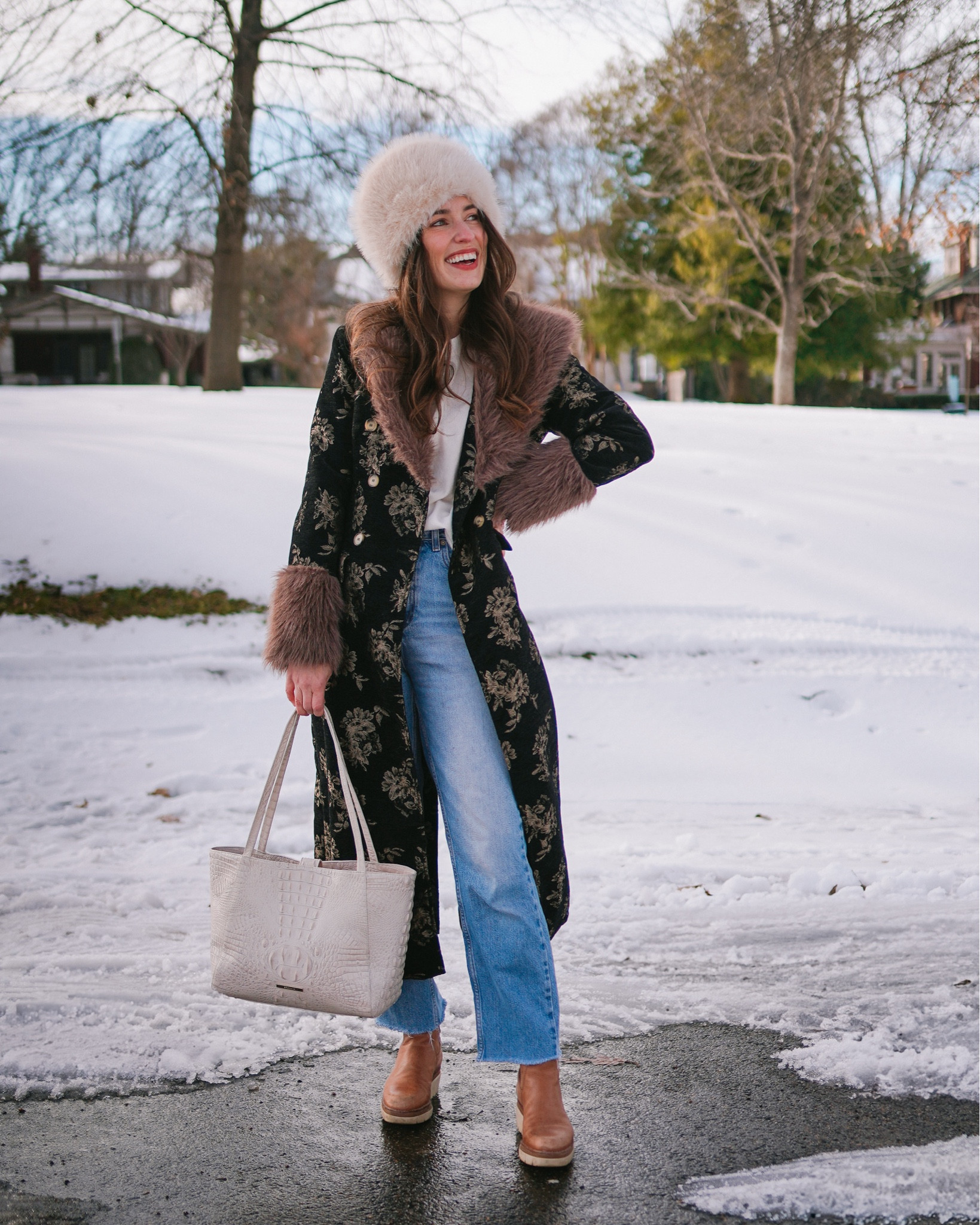 Winter outfit: white fur hat, Brahmin Mona bag, Bernardo boots, straight leg jeans and a faux fur trimmed winter coat. 

#LTKdayinmylife #LTKmomlife #LTKSeasonal